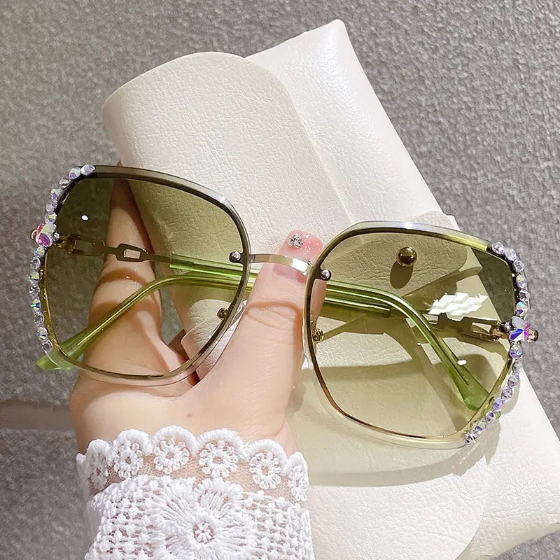 Metal Trimming Oversized Rhinestones Gradient Sun Glasses Women's Shoes & Accessories Green with Diamond - DailySale