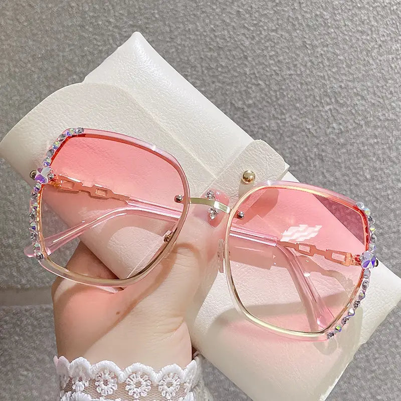 Metal Trimming Oversized Rhinestones Gradient Sun Glasses Women's Shoes & Accessories Pink with Diamond - DailySale