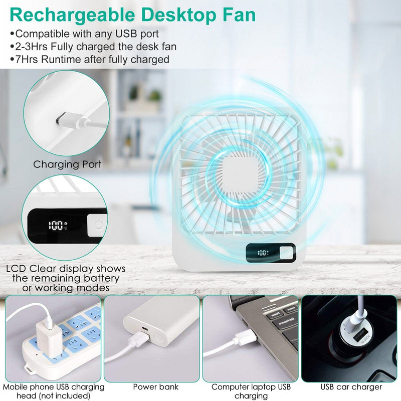 Mini Desktop Cooling Fan Rechargeable Battery Powered with LCD Display Computer Accessories - DailySale