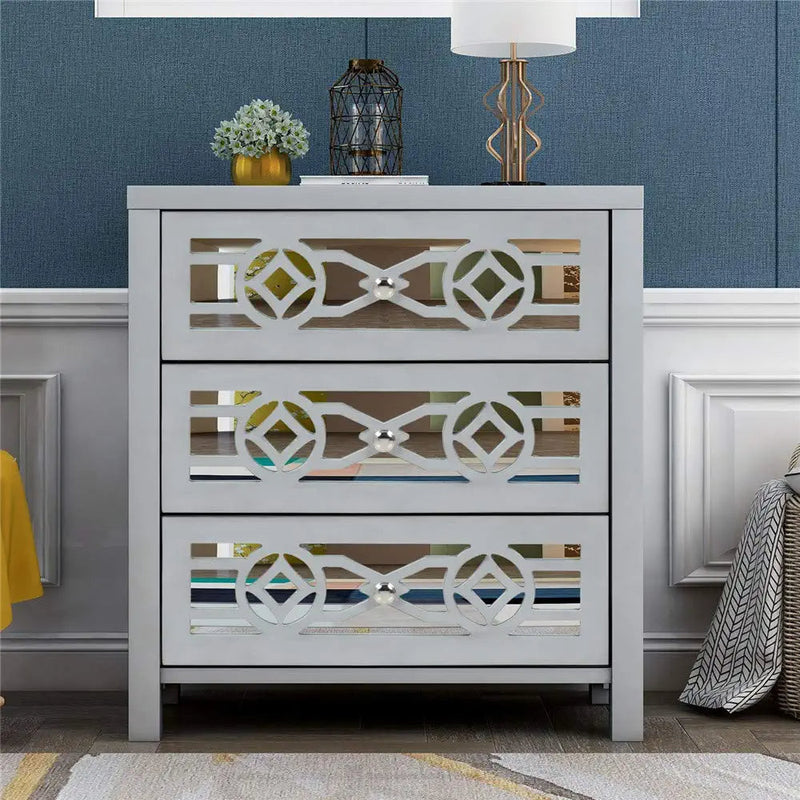 Mirrored Carved Pattern Modern Gold Finish Bedroom Nightstand