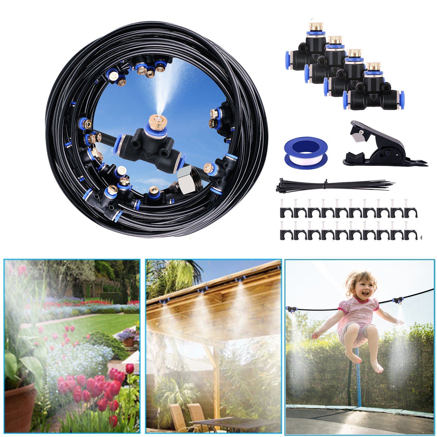 Misting Cooling System 65.6Ft Hose Line + 23 T-Joint Nozzles Water Sprayer Garden & Patio - DailySale