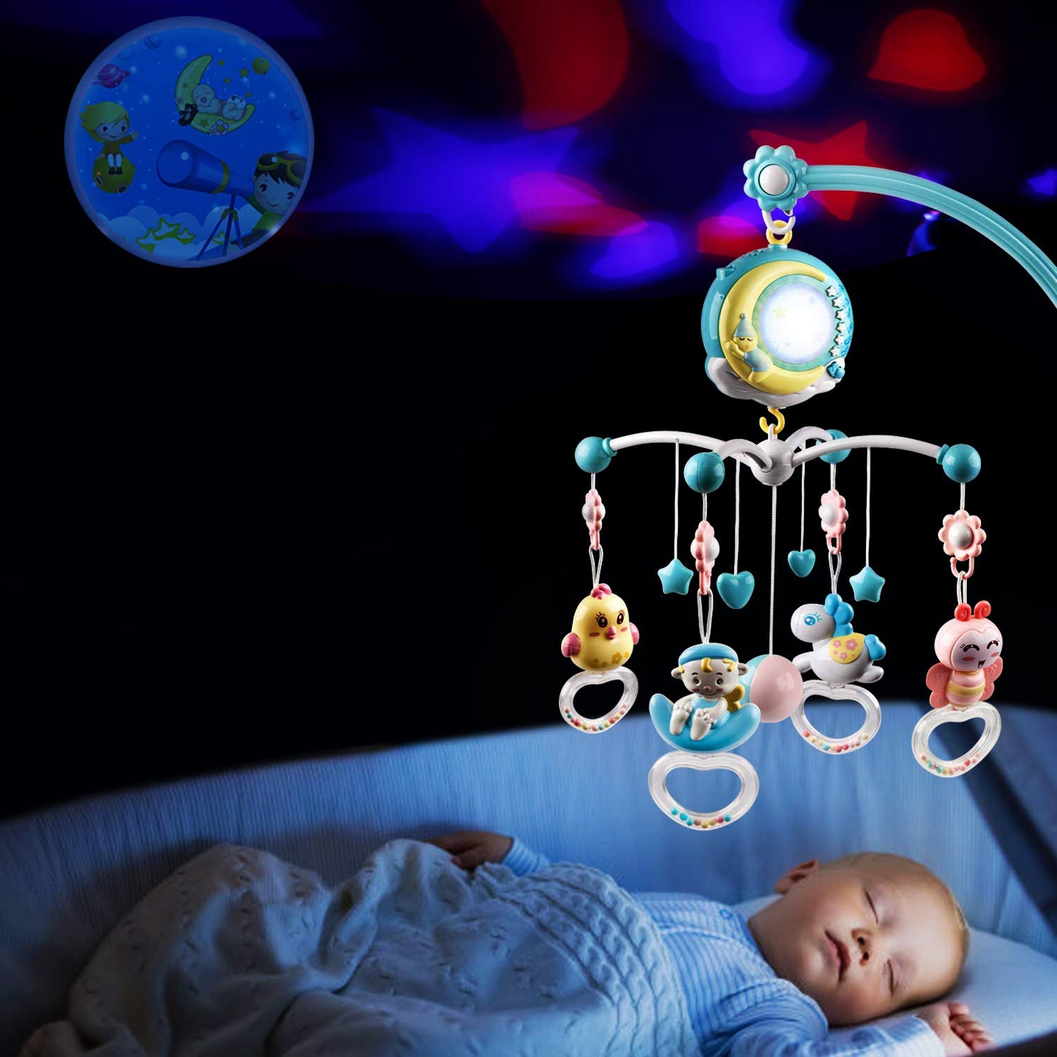 Mobile Star Projection Nursery Light Baby Rattle Toy with Music Box Remote Control Baby - DailySale