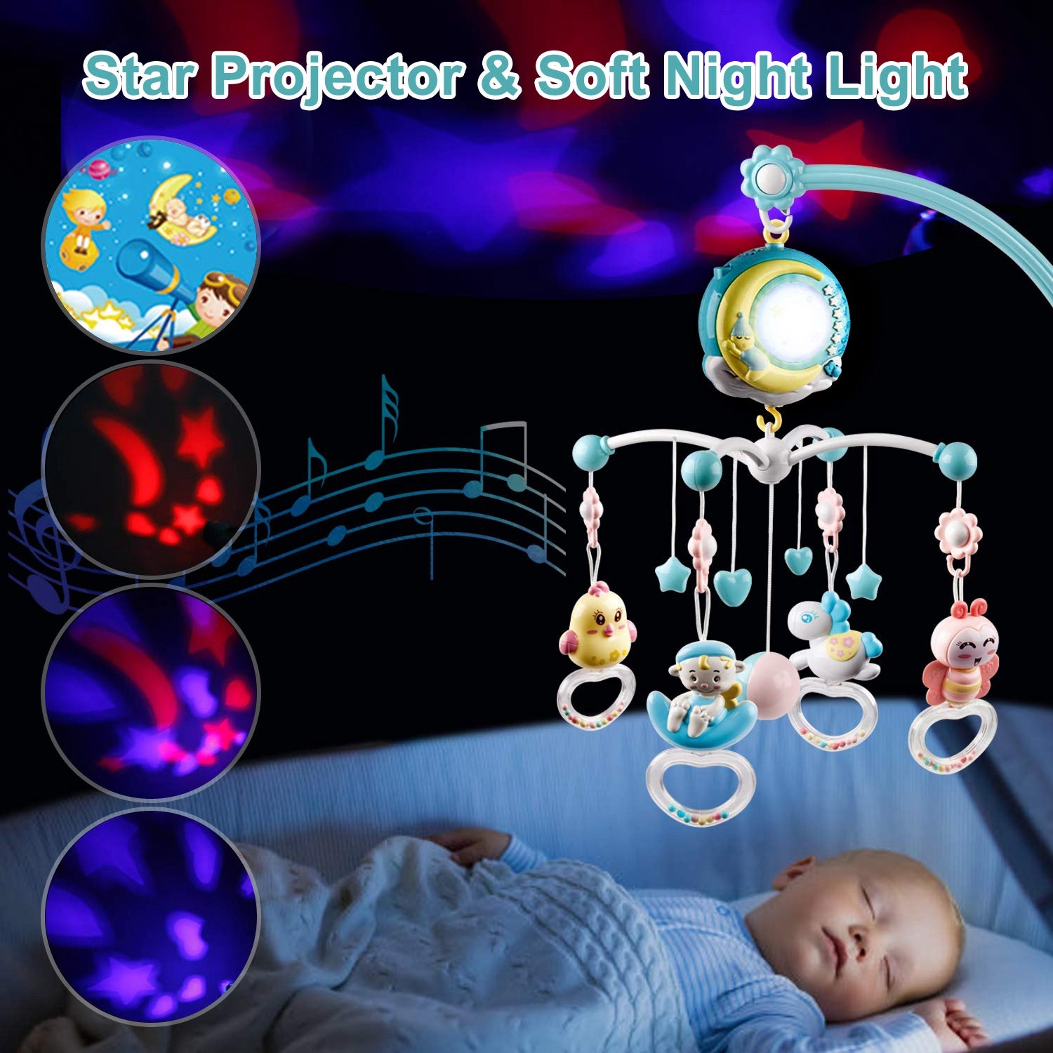 Mobile Star Projection Nursery Light Baby Rattle Toy with Music Box Remote Control Baby - DailySale