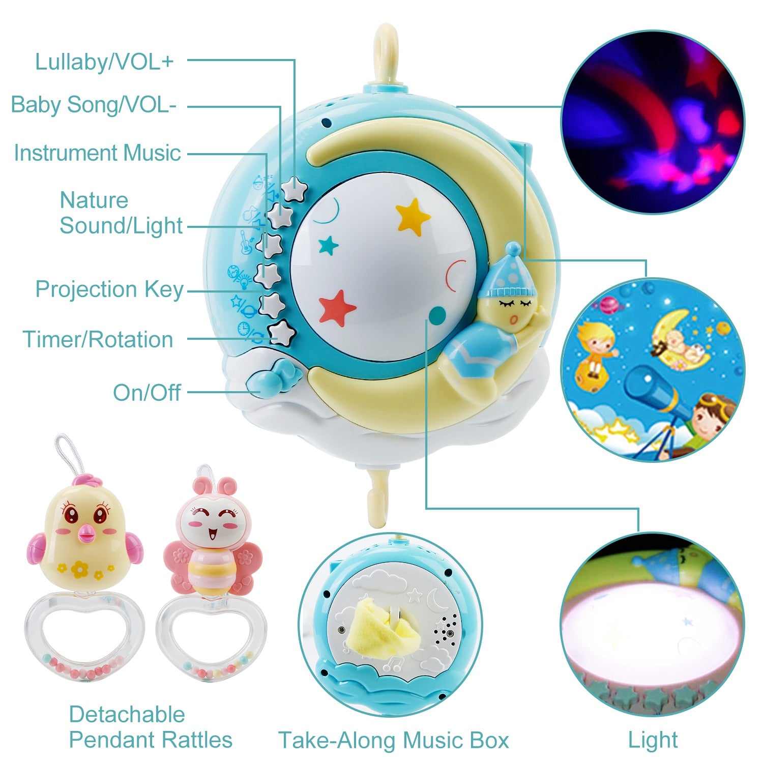 Mobile Star Projection Nursery Light Baby Rattle Toy with Music Box Remote Control Baby - DailySale