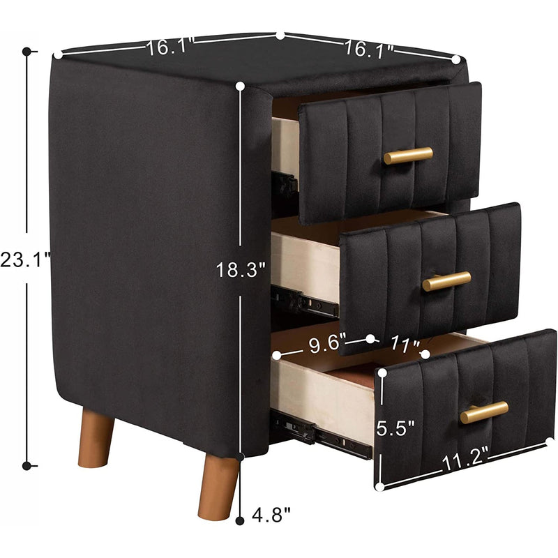 Modern Bedside Velvet Upholstered 3-Drawer Nightstand with Metal Handles