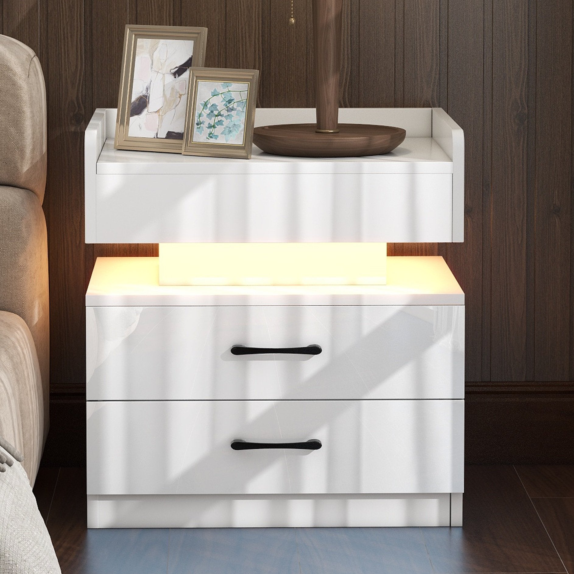 Modern Night Stand with LED Lights and Charging Station Mobile Accessories - DailySale