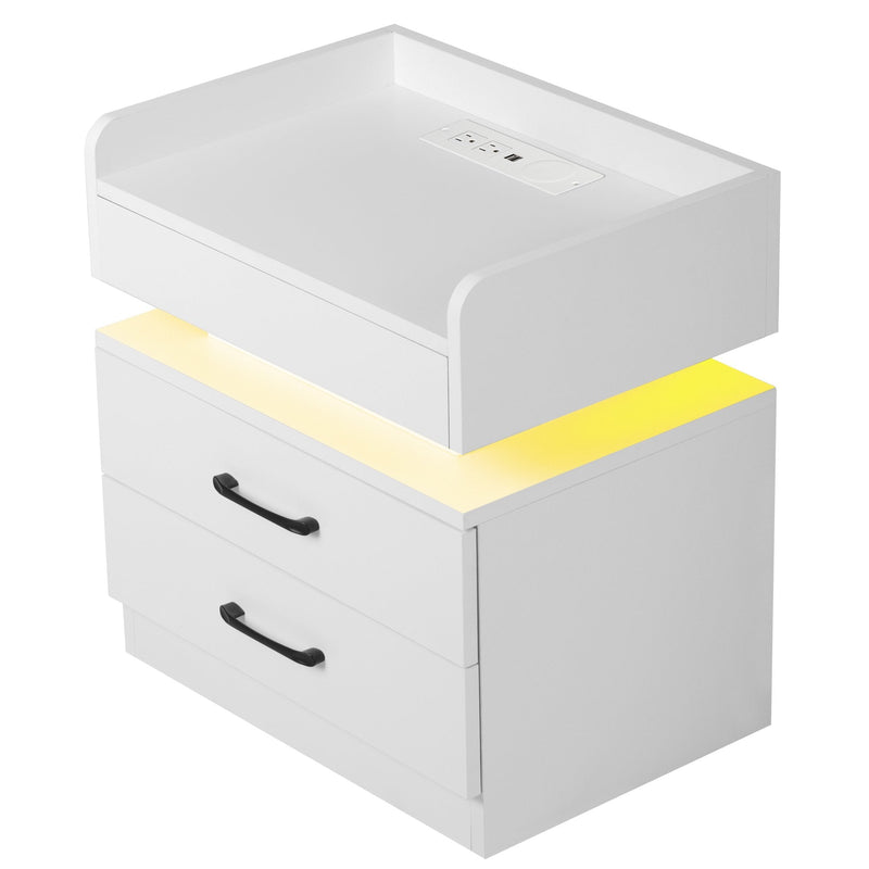 Modern Night Stand with LED Lights and Charging Station Mobile Accessories White - DailySale