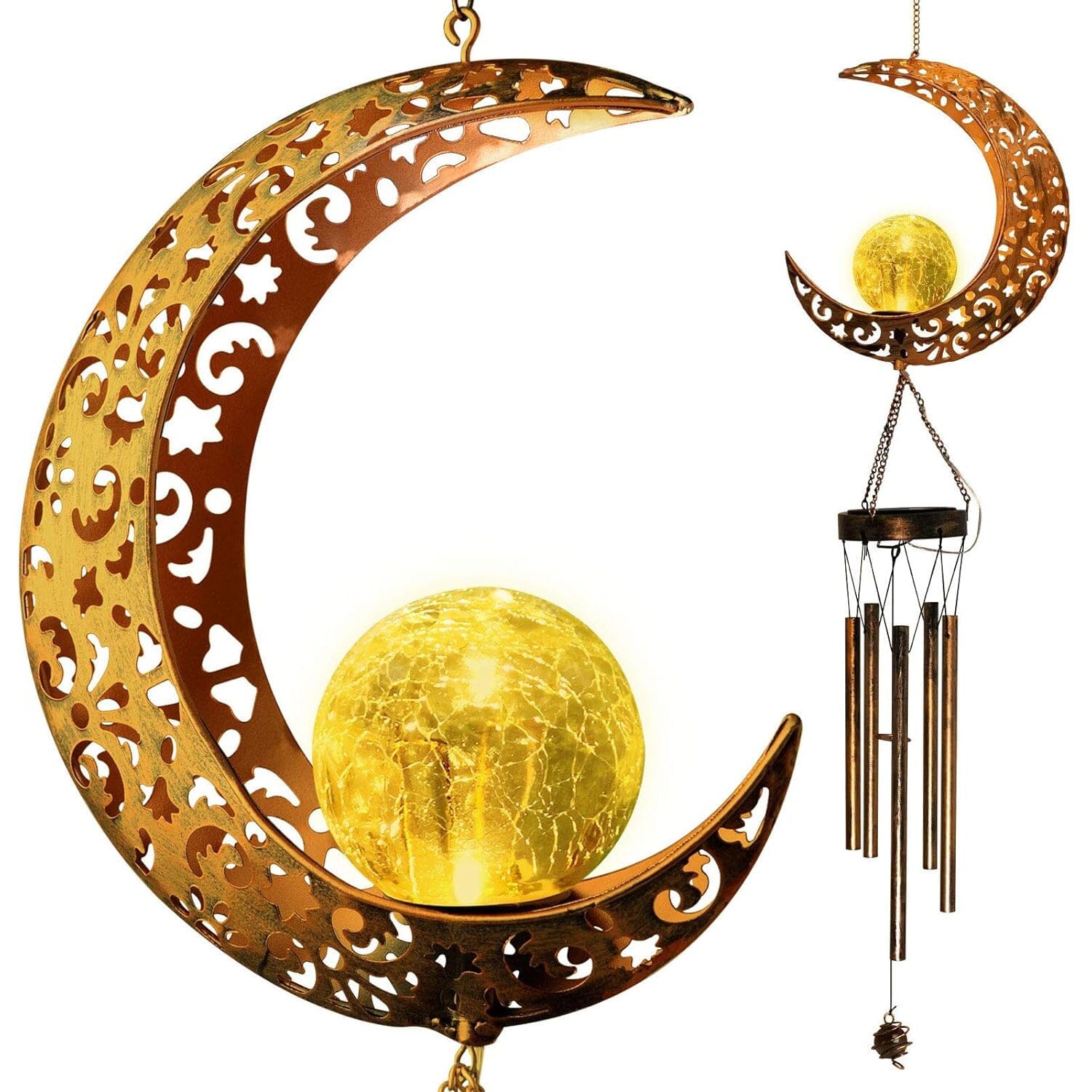 Moon Crackle Glass Ball Wind Chimes Solar Wind Chimes Garden & Patio - DailySale