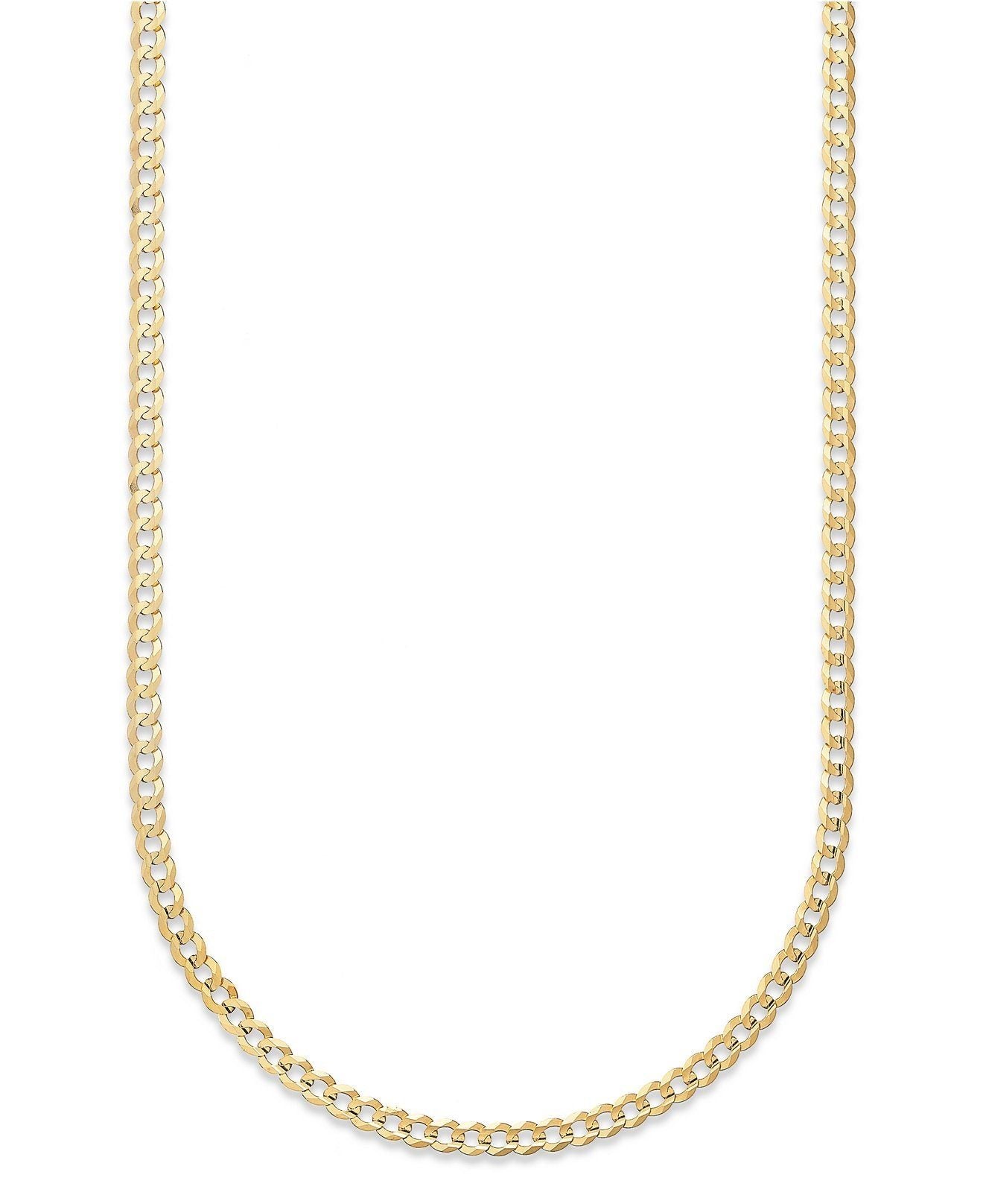 10K Gold Moricci 2MM Italian Cuban Chain Necklace spread out in a u-shape on a white surface