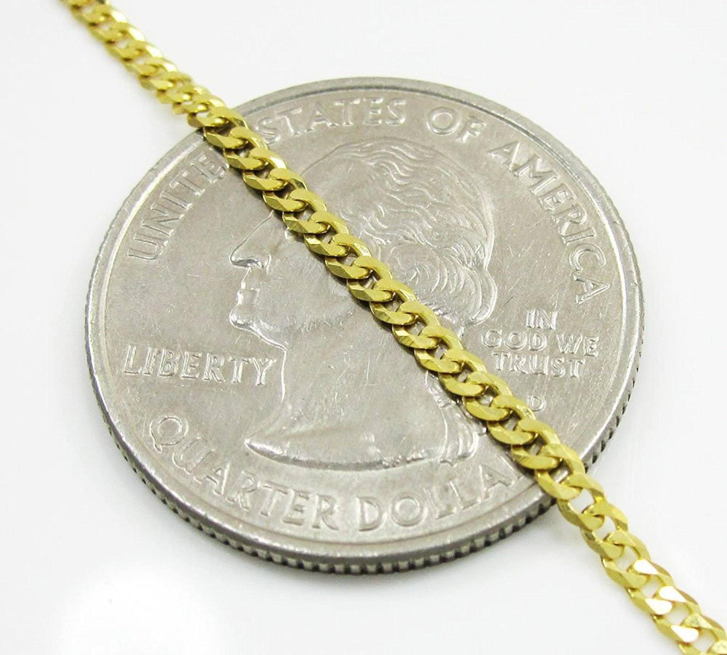 Visual comparison of 10K Gold Moricci 2MM Italian Cuban Chain Necklace against a quarter dollar coin