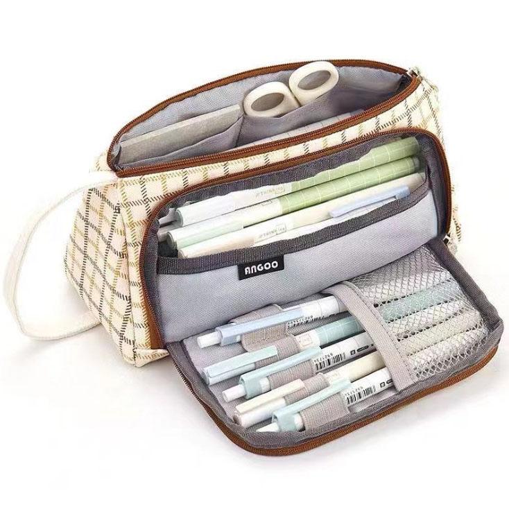 Multi-Compartment Large Capacity Pencil Case Pouch Everything Else Brown Grid - DailySale