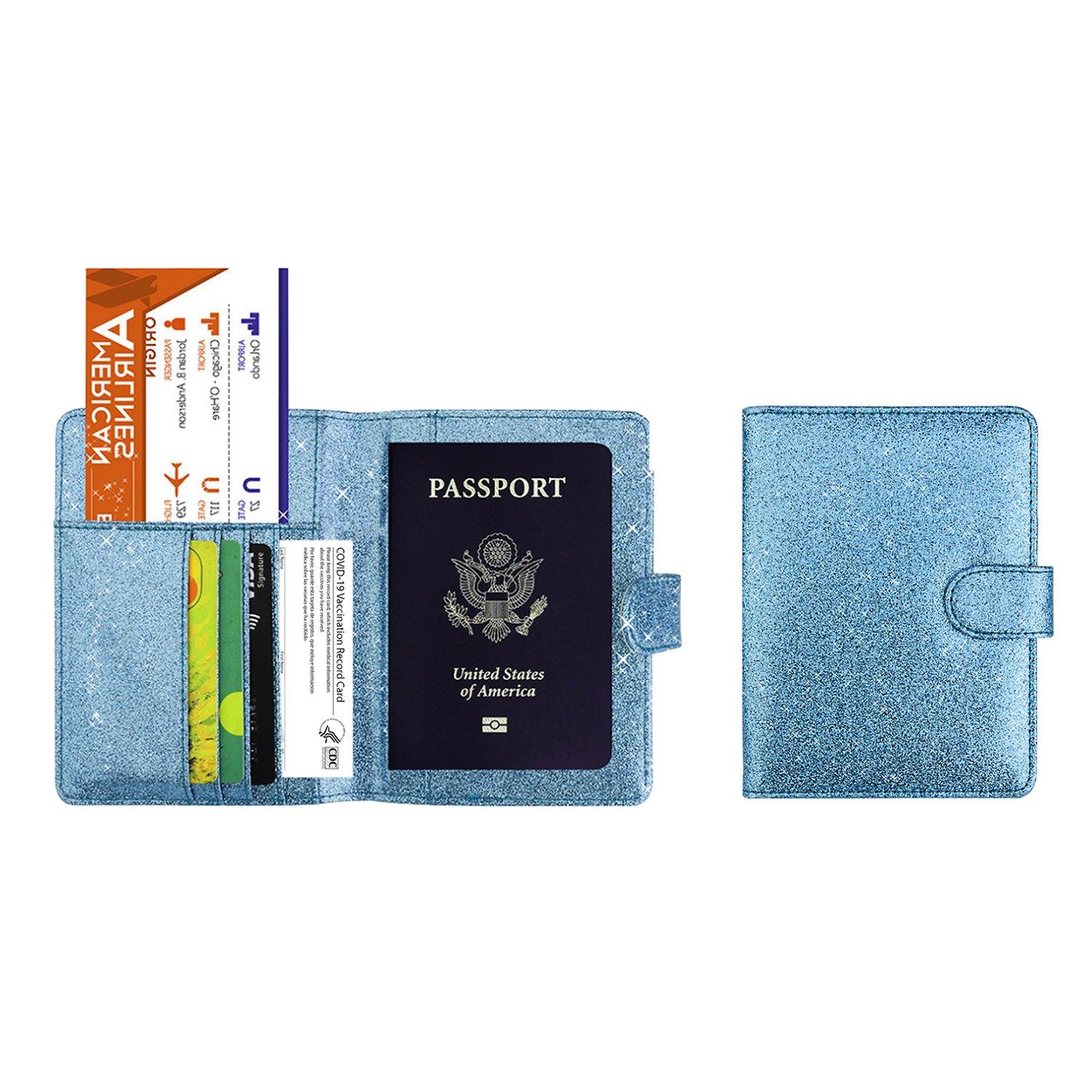 Multi Function Glitter Bling RFID Passport Organizer With CDC Vaccination Card Holder Bags & Travel Blue - DailySale