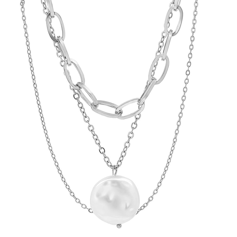 Multi Row Chain Necklace with Pearl Charm