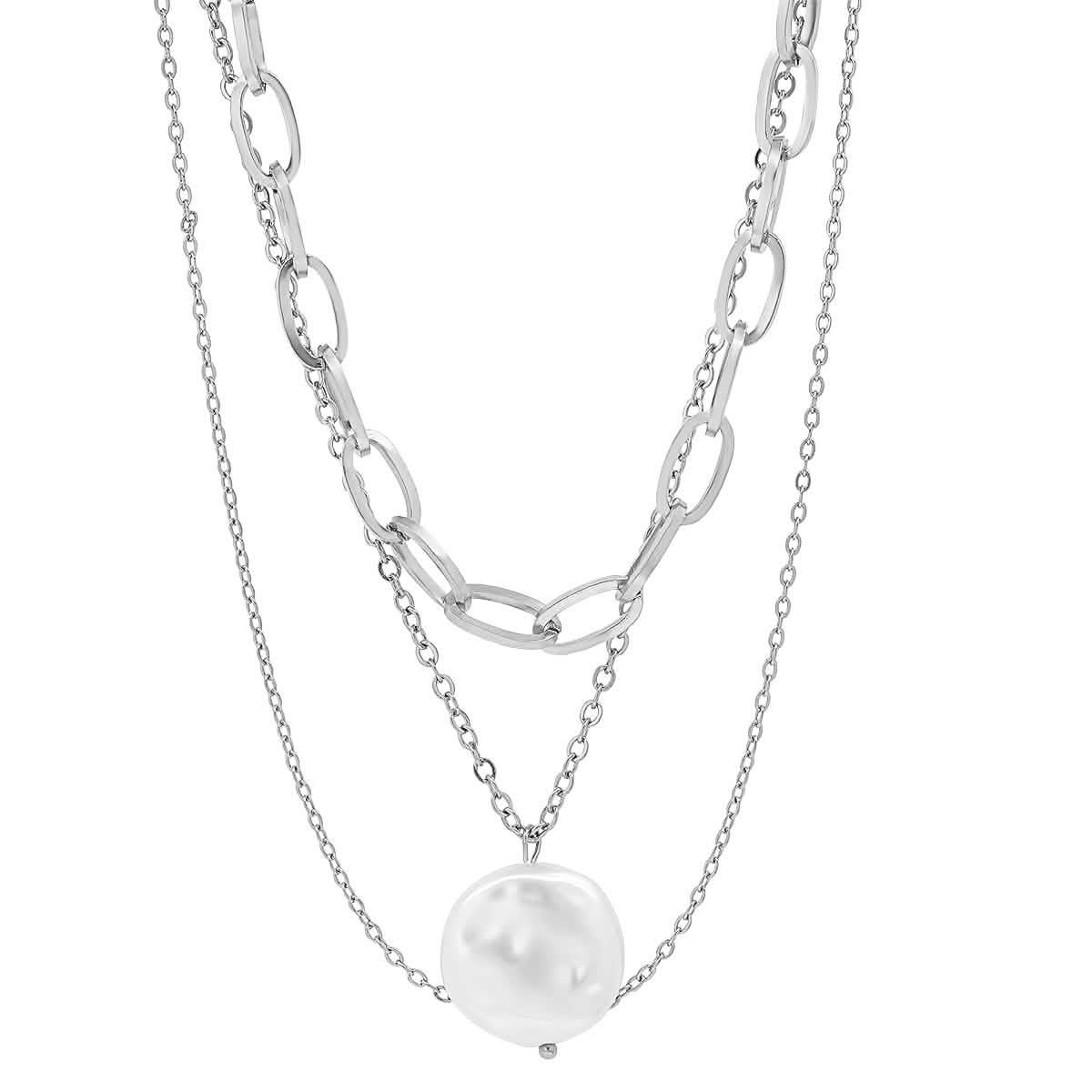 Multi Row Chain Necklace with Pearl Charm