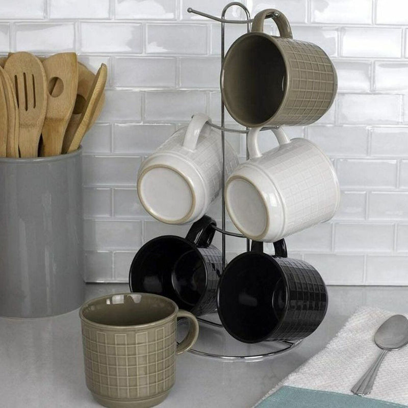 Multi Stoneware Mug Set with 6 Hook Metal Rack Kitchen & Dining - DailySale