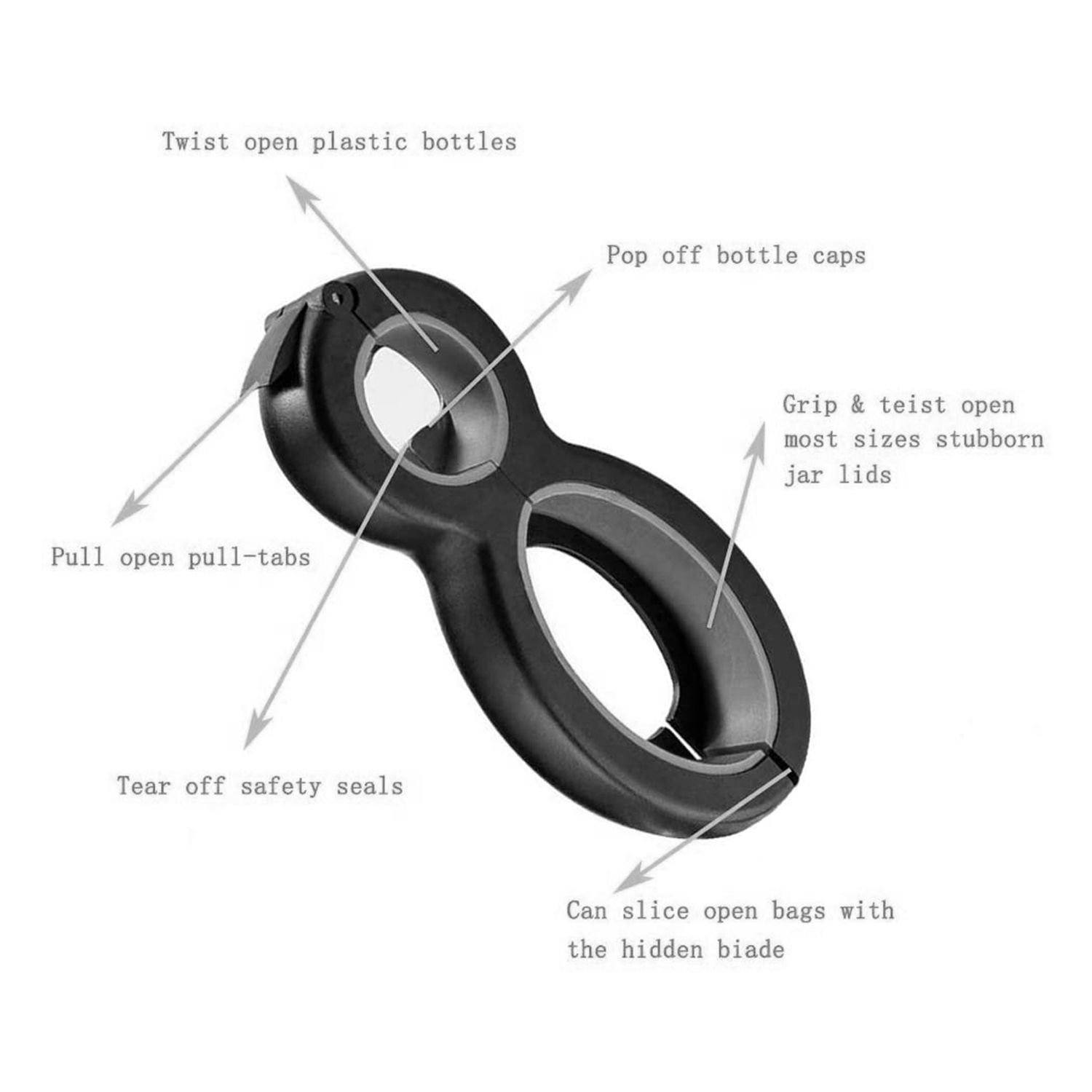 Drawing of a Multifunctional 6-In-1 Can Jar Opener Tool And Adjustable Bottle Opener showcasing its various features, including tear-off safety seals, jar-lid opener, plastic bottle cap opener, and more