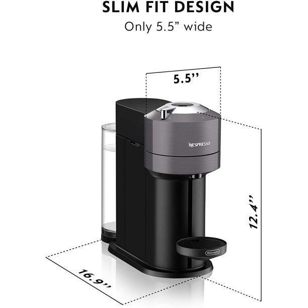 A Nespresso Coffee and Espresso Maker showing its three dimensions: 12.4" high, 16.9" deep and 5.5" wide