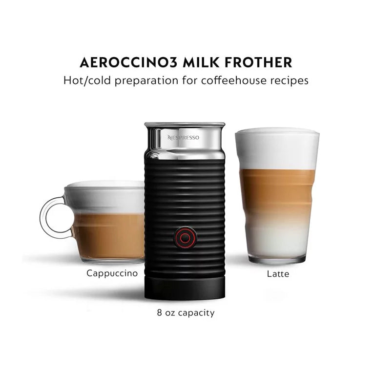 An 8 oz Nespresso Aeroccino Milk Frother (Refurbished) placed in front of a cup holding a cappuccino and a glass holding a latte, all three shown with a white background