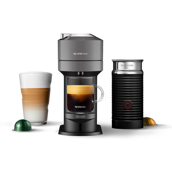 A Nespresso Vertuo placed next to a Nespresso Coffee and Espresso Maker and a Nespresso Aeroccino Milk Frother (Refurbished), all three shown with a white background