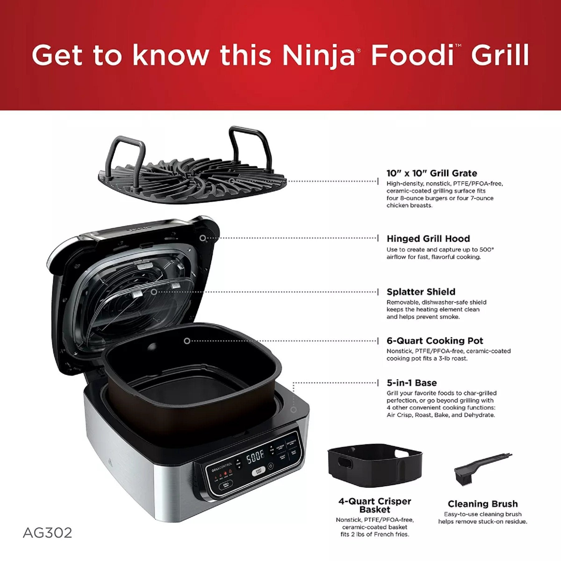 Ninja Foodi 6-qt Indoor Grill with Air Fry,Skewers & Roast Rack 