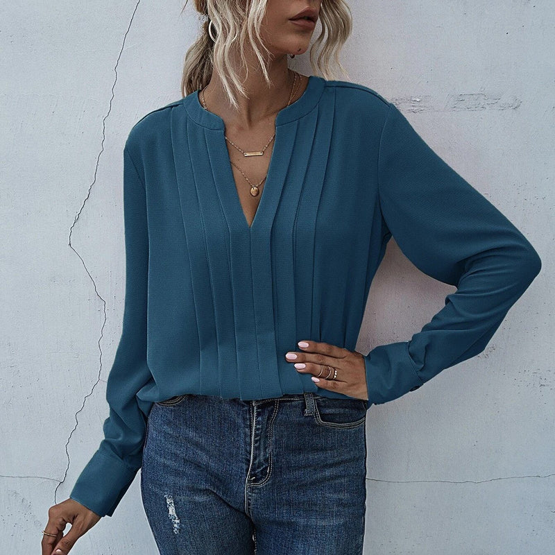 Notched Neck Pleated Decoration Blouse