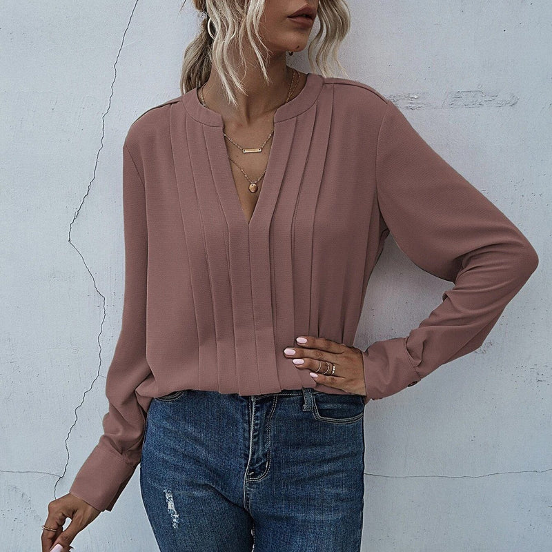 Notched Neck Pleated Decoration Blouse