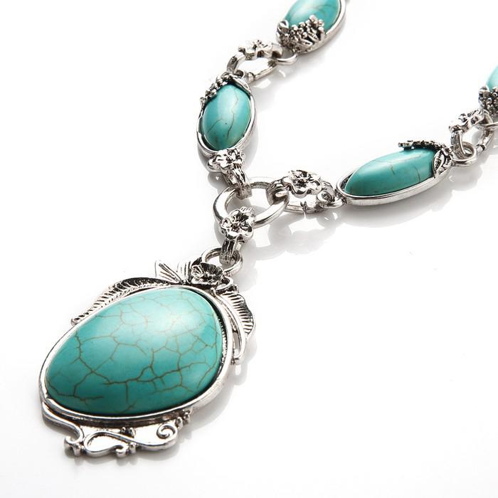 Novadab Antique Silver Tibet Turquoise Long Chain Silver Plated Necklace Necklaces - DailySale
