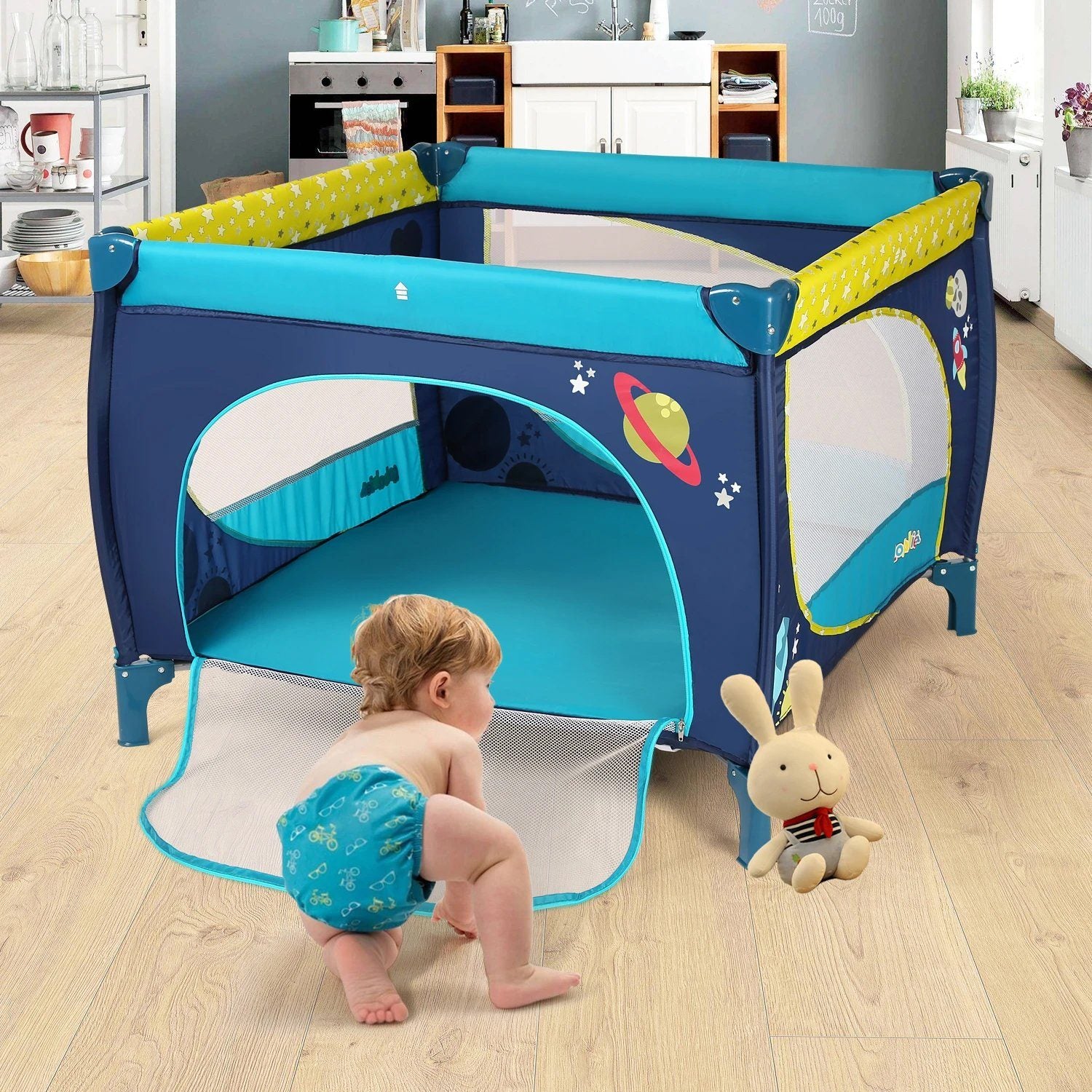 Odoland 39''x 39'' Infant Toddler Foldable Playpen Playard With Mattress Rail Fence Blue Baby - DailySale