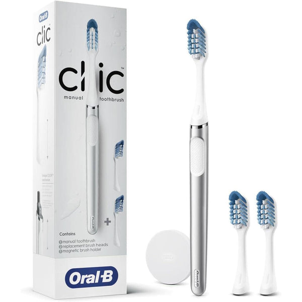 Box containing the Oral-B Clic Deluxe Starter Kit, Manual Toothbrush with 3 Brush Heads & Magnetic Brush Mount standing next to the box's contents against a white background