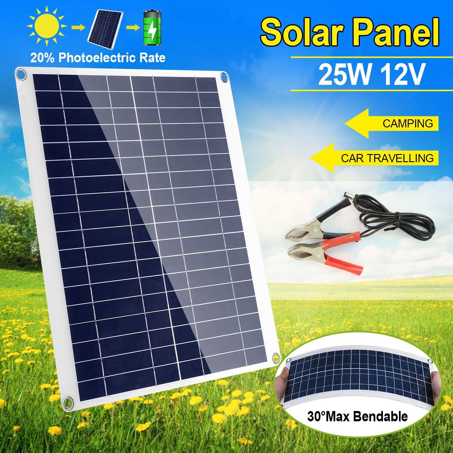 Outdoor Solar Panel 12V 25W Car Battery Charger Automotive - DailySale