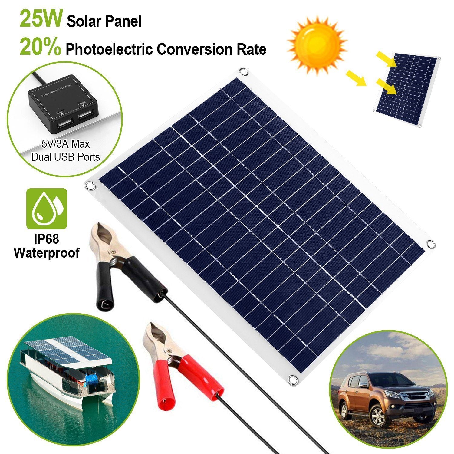 Outdoor Solar Panel 12V 25W Car Battery Charger Automotive - DailySale