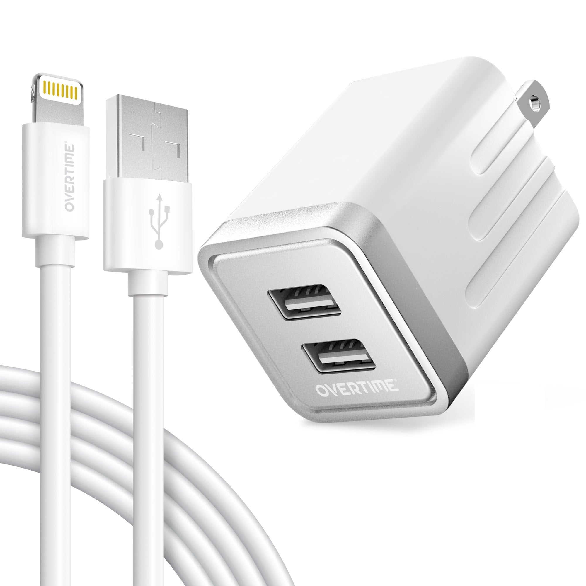 Overtime iPhone Charger Set | Apple MFi Certified Lightning Cable 6ft with Dual USB Wall Charger Adapter - White Mobile Accessories - DailySale