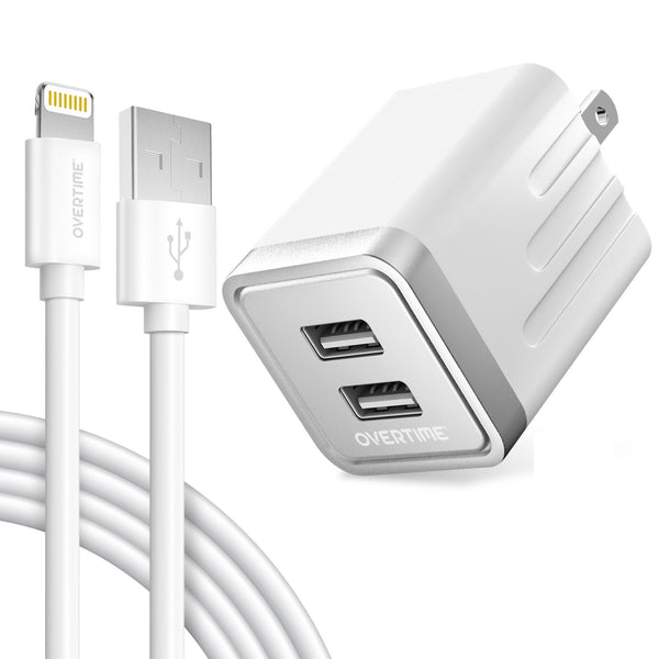 Overtime iPhone Charger Set | Apple MFi Certified Lightning Cable 6ft with Dual USB Wall Charger Adapter - White Mobile Accessories - DailySale