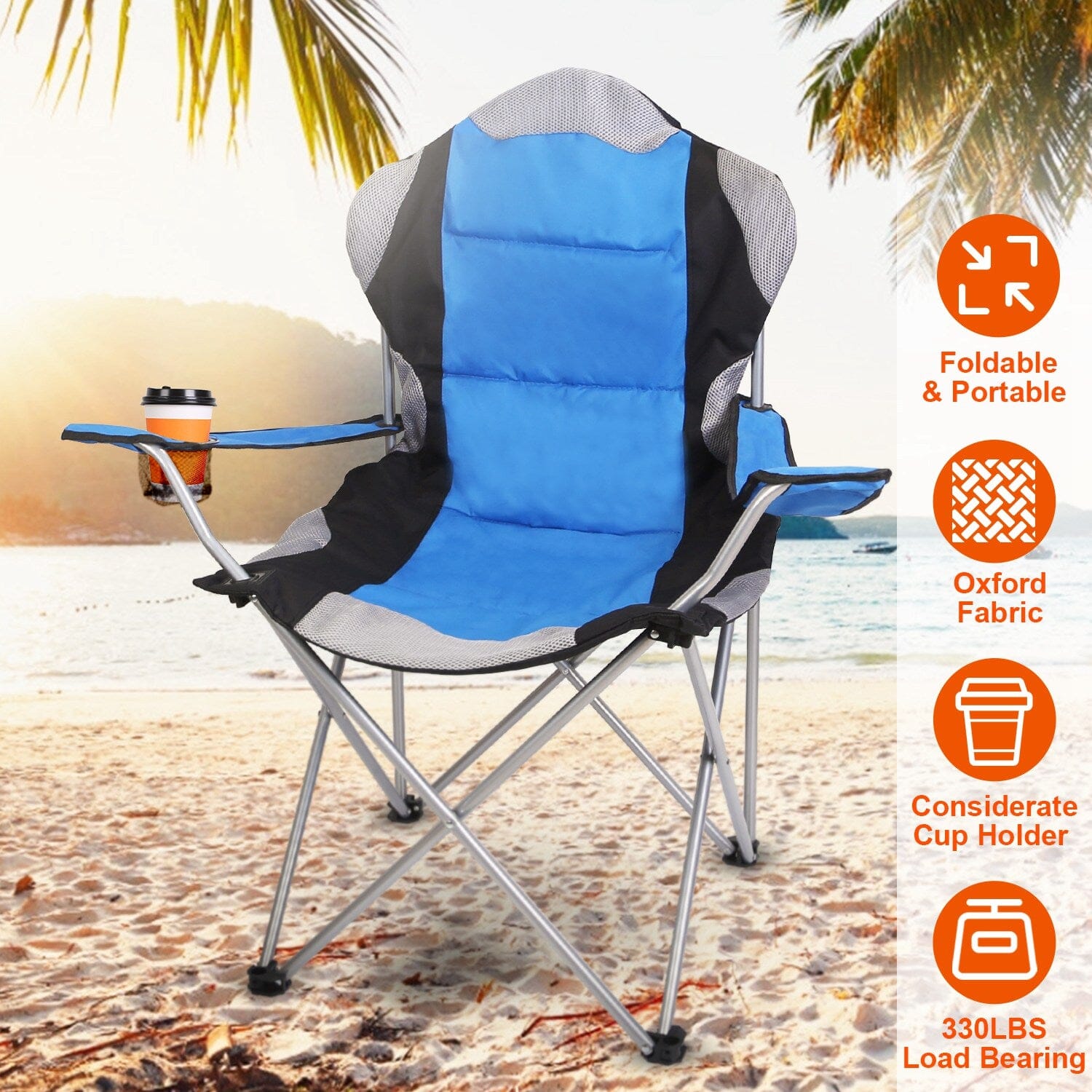 Padded Seat Arm Back Foldable Camping Chair Heavy Duty Steel Lawn Sports & Outdoors - DailySale