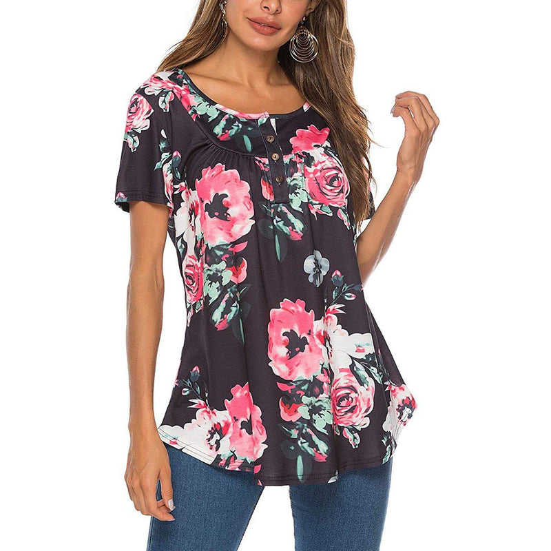 Paisley Printed Button Up Top Short Sleeve V Neck Pleated Casual Loose Flare Tunic Blouse Henley Shirt Women's Clothing Black S - DailySale