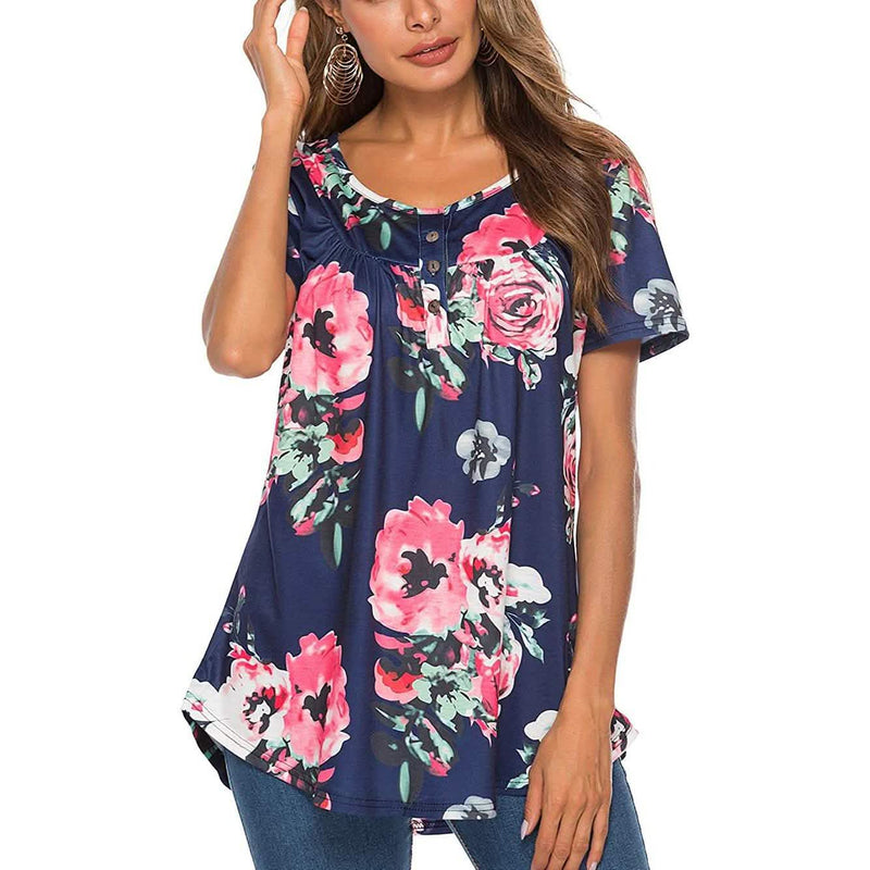 Paisley Printed Button Up Top Short Sleeve V Neck Pleated Casual Loose Flare Tunic Blouse Henley Shirt Women's Clothing Blue S - DailySale