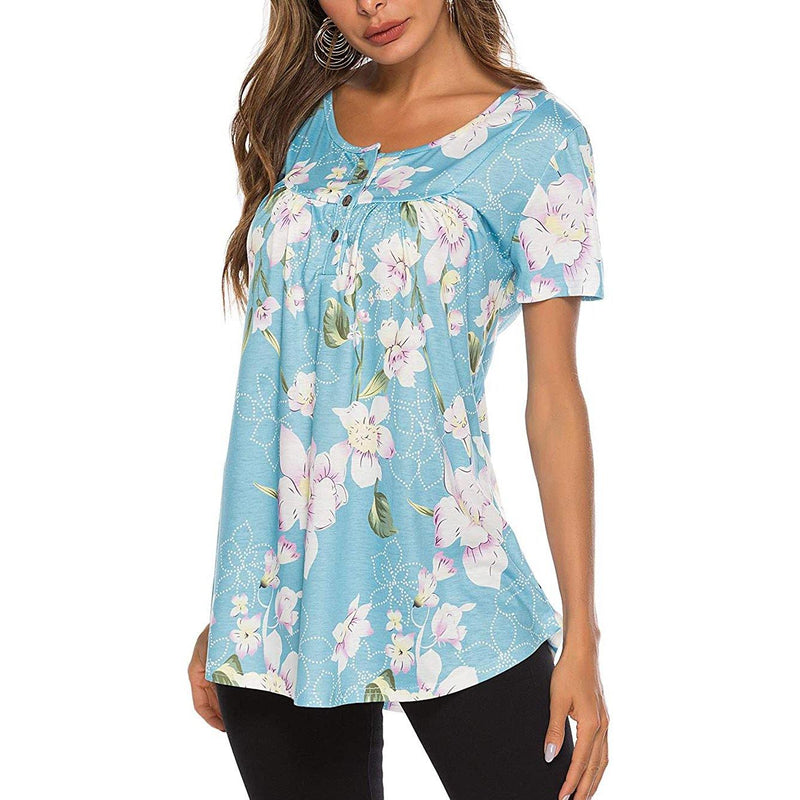 Paisley Printed Button Up Top Short Sleeve V Neck Pleated Casual Loose Flare Tunic Blouse Henley Shirt Women's Clothing Light Blue S - DailySale