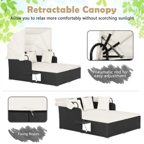 Patio Rattan Daybed with Retractable Canopy and Side Tables Furniture & Decor - DailySale