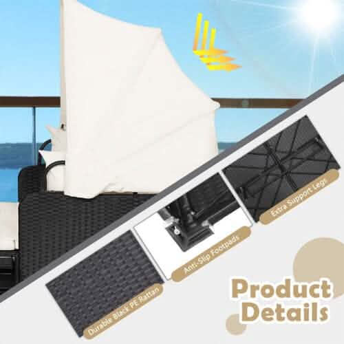 Patio Rattan Daybed with Retractable Canopy and Side Tables Furniture & Decor - DailySale