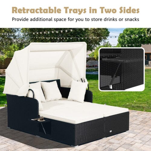 Patio Rattan Daybed with Retractable Canopy and Side Tables Furniture & Decor - DailySale