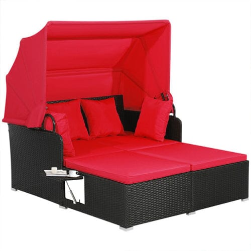 Patio Rattan Daybed with Retractable Canopy and Side Tables Furniture & Decor Red - DailySale