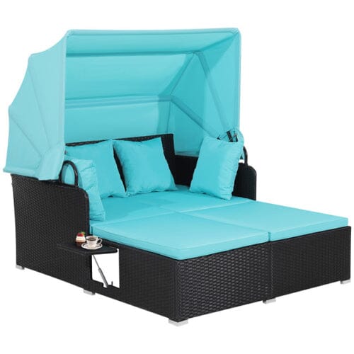 Patio Rattan Daybed with Retractable Canopy and Side Tables Furniture & Decor Turquoise - DailySale