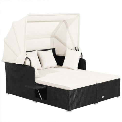 Patio Rattan Daybed with Retractable Canopy and Side Tables Furniture & Decor White - DailySale