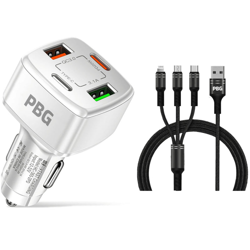 PBG 4 Port Car Charger and 4FT - 3 in 1 Nylon Cable Combo Automotive Black - DailySale