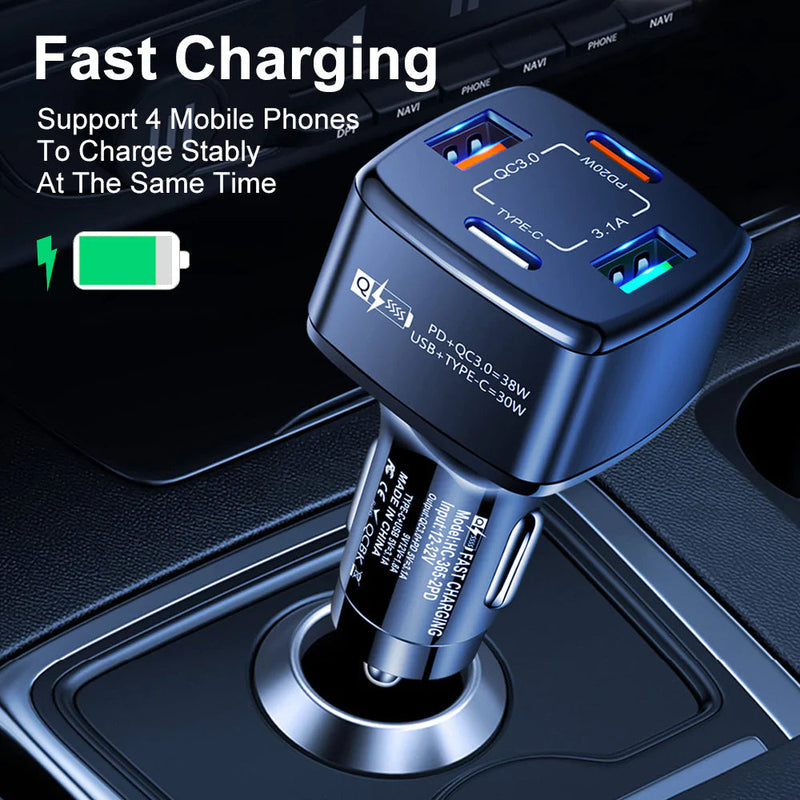 PBG 4 Port Car Charger and 4FT - 3 in 1 Nylon Cable Combo Automotive - DailySale
