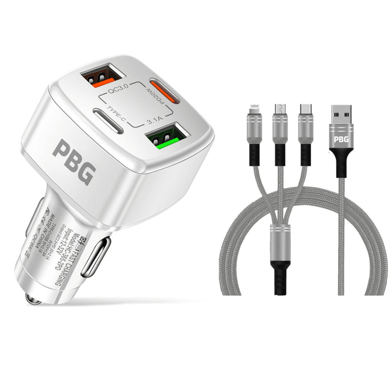 PBG 4 Port Car Charger and 4FT - 3 in 1 Nylon Cable Combo Automotive Gray - DailySale