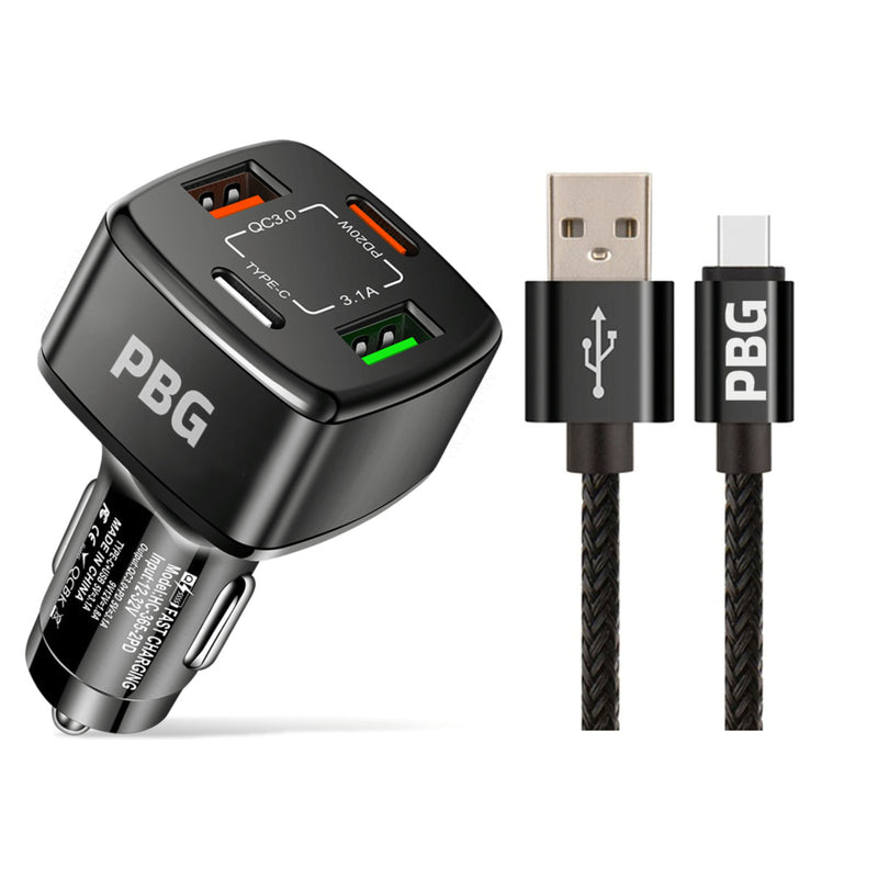 PBG 4-Port PD/USB Car Charger and 10FT Zebra Style Lightning Cable Bundle Automotive Black - DailySale