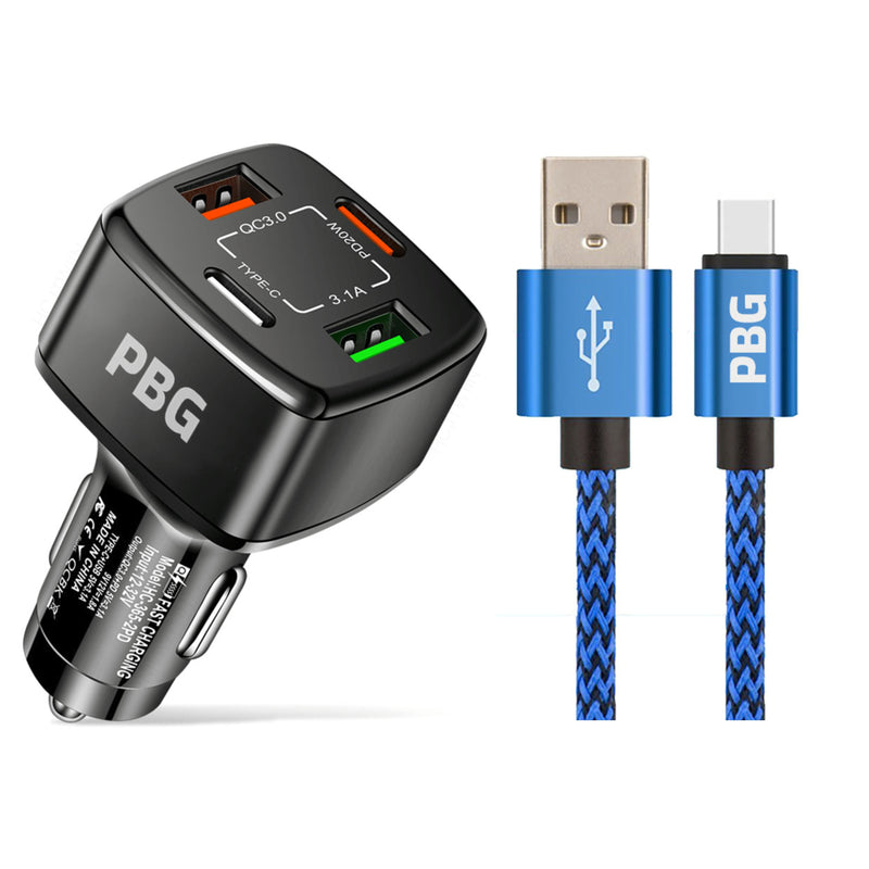PBG 4-Port PD/USB Car Charger and 10FT Zebra Style Lightning Cable Bundle Automotive Blue - DailySale
