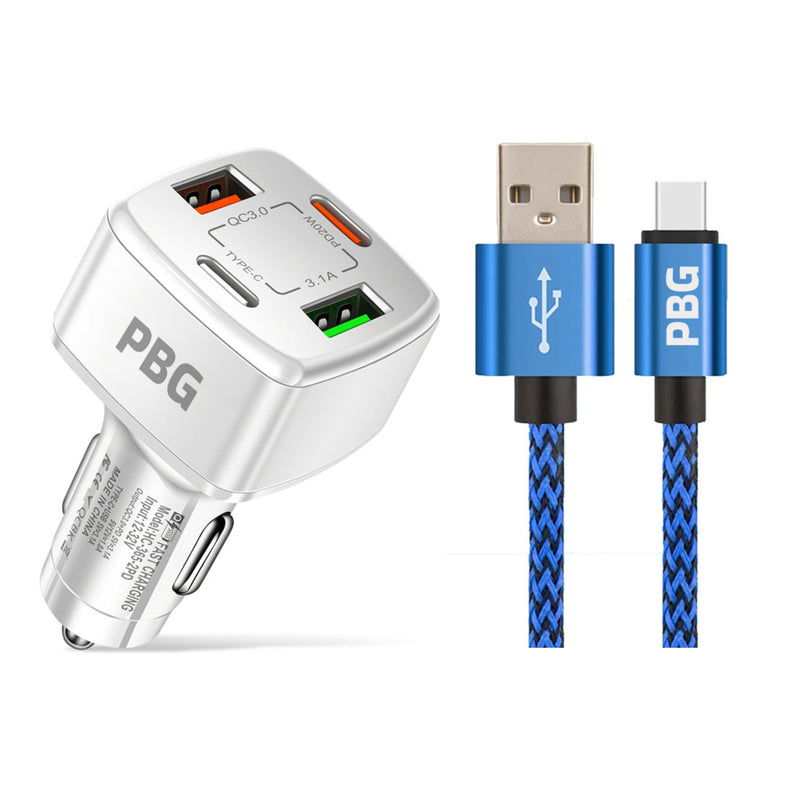 PBG 4 Port PD/USB Car Charger and 10Ft. Zebra Style Lightning Cable Bundle Automotive Blue - DailySale
