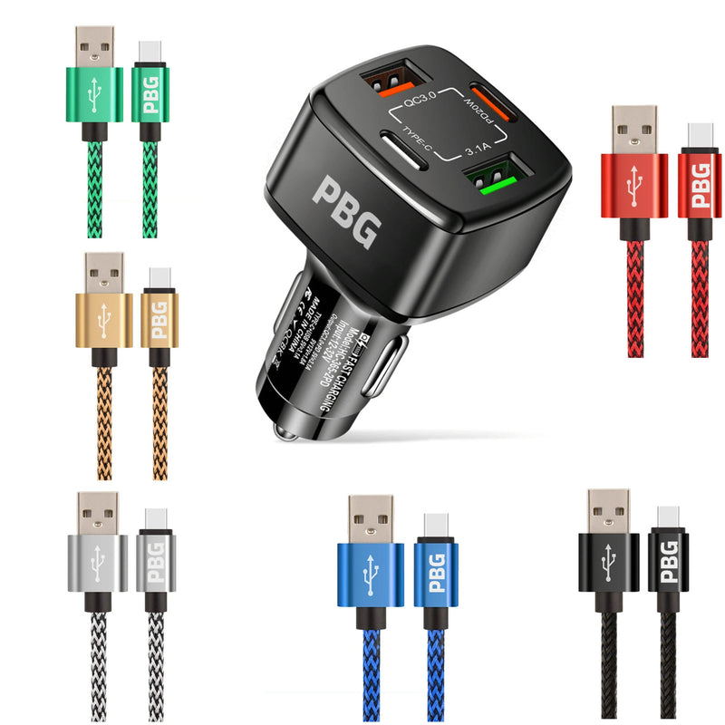 PBG 4-Port PD/USB Car Charger and 10FT Zebra Style Lightning Cable Bundle Automotive - DailySale